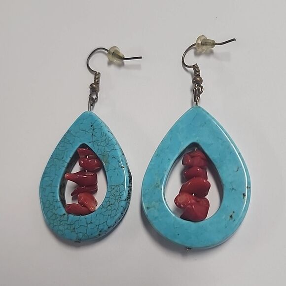 Blue Howlite Earrings Teardrop Dangle Earrings Red Bead Center - Picture 1 of 3